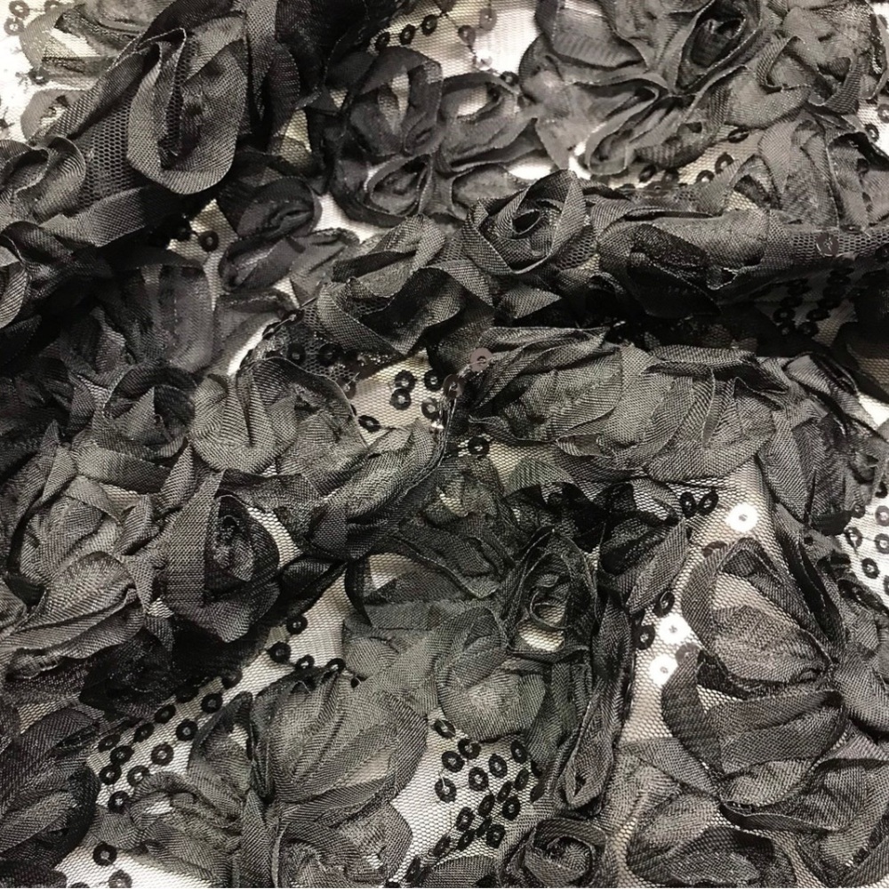 1 YD Black Floral Ribbon 2 Way Stretch Lace with Black Sequins Black Mesh Fabric - Picture 7 of 7